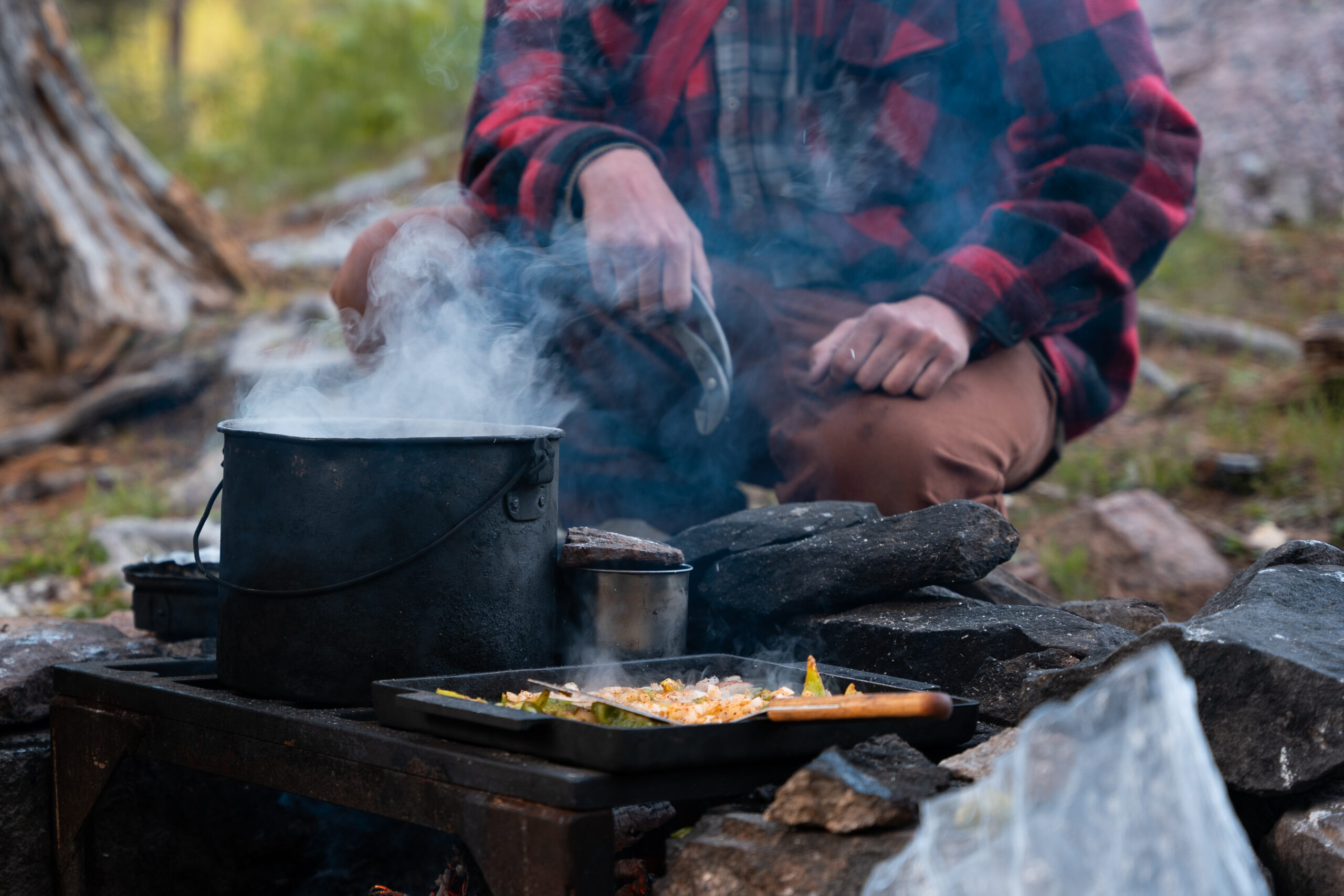 Cooking Vegetables On A Griddle Over A Fire; Fire Grate; Stock Pot